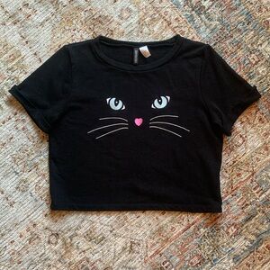 *5/$20 or 3/$15* H&M Embroidered Kitty Cat Face Cuff Short Sleeve Boxy Crop Top